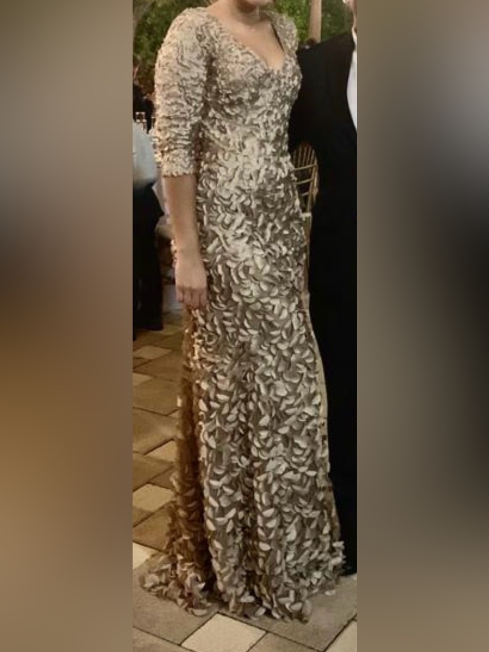 Theia dress Champagne Ivory 3/4 Sleeve 3D petal Gown formal party/wedding guest